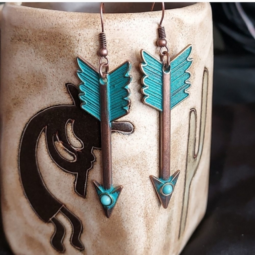 Turquoise Patina, Turquoise Bead Copper Arrow Earrings - Picture 2 of 6